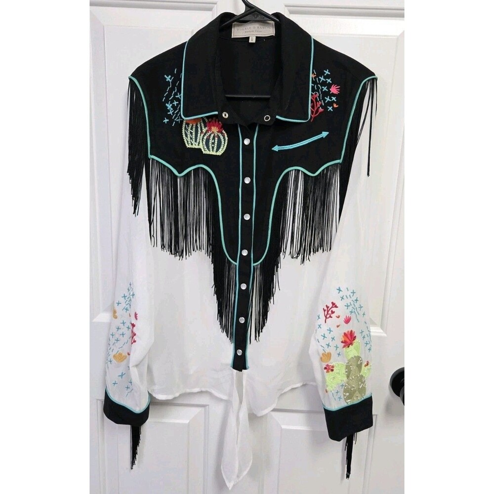 Double D Ranch Western Cactus Embroidered Fringe Shirt Chiffon Tie Front Large
